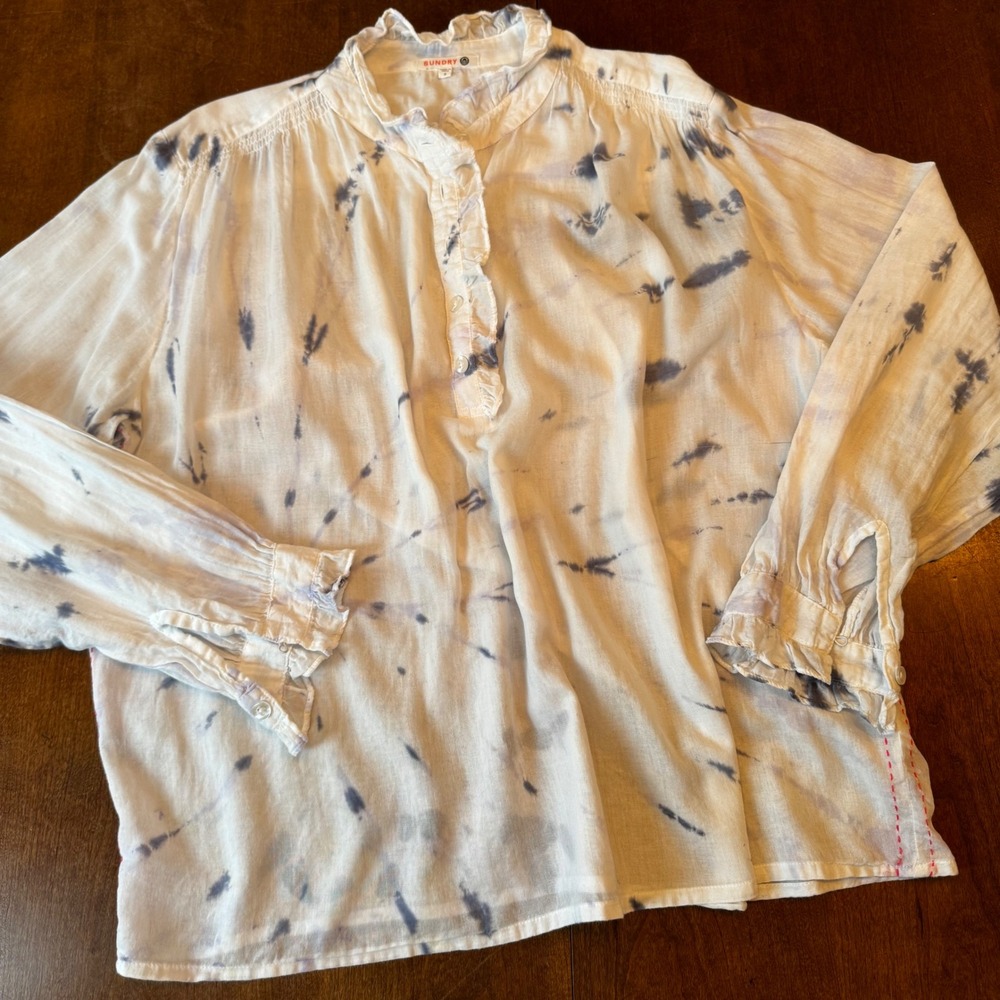 Sundry Blouse Womens 3 White Blue Tie Dye Ruffle Collar Cotton Gauze Smocked Top